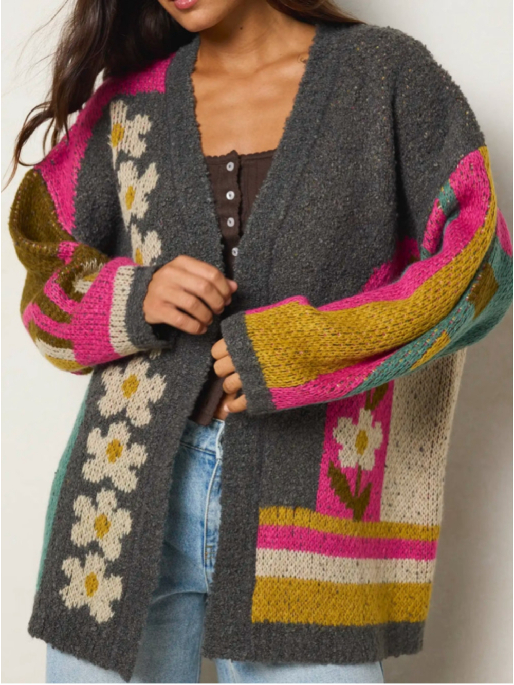 Natural Life Dreamer Reversible Cardigan Sweater Women's Size L/XL Daisies New